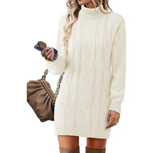 Women's Long Sleeve Turtleneck Sweater Dresses Ribbed Knit Midi Dress White